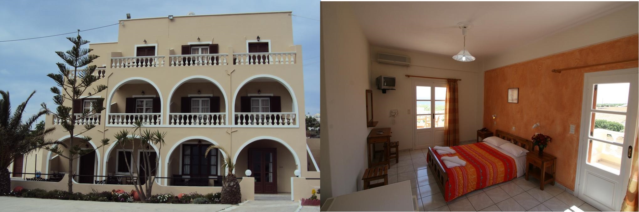 Tak wygląda przykładowy pokój dla 2 osób w hotelu Romantic Resort na Santorini, położonym w Fira. Na pierwszym od lewej zdjęciu widzimy front budynku. 